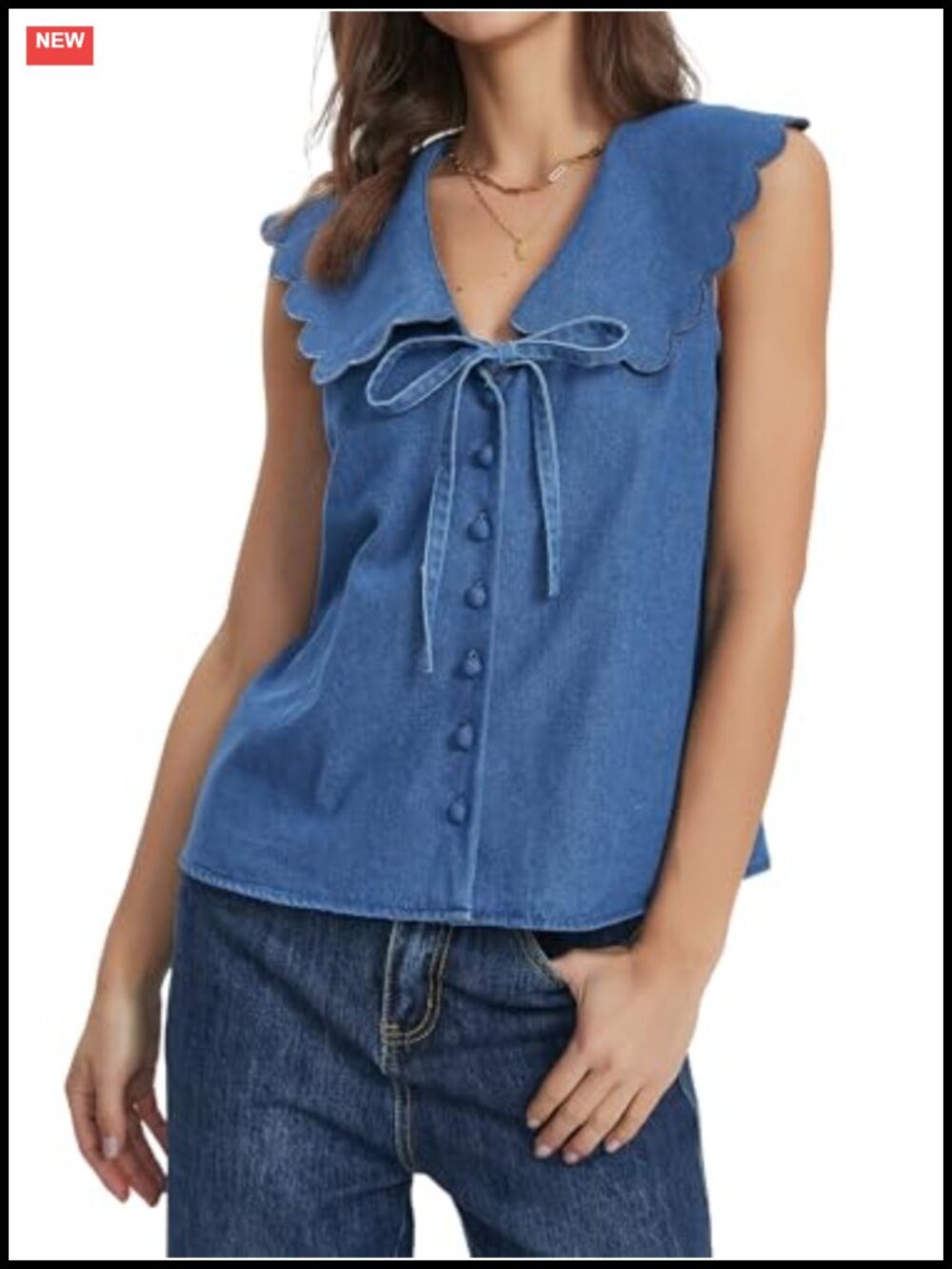 Sleeveless Denim Vest Bow Tie Button Down Peter Pan Collar Jean Top